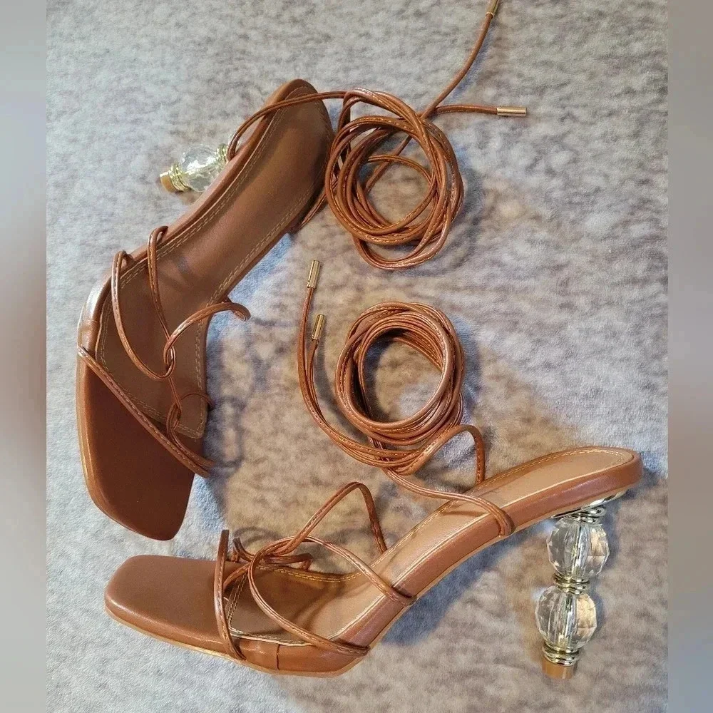 Women's 9 Caramel square toe strappy wrap around laces sandals crystal heels